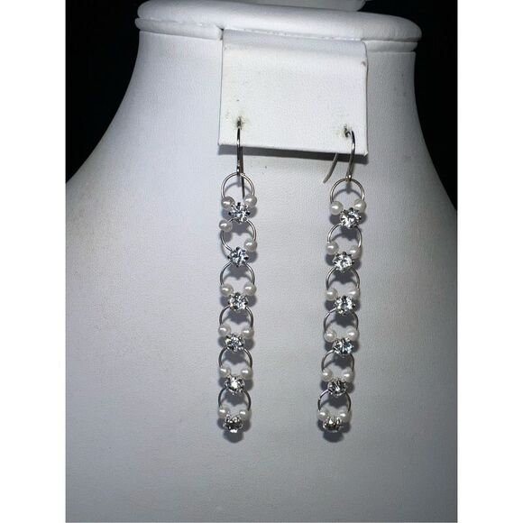 Silver Tone and Rhinestone and Faux Pearl Circular Long Statement Earrings - Picture 6 of 8